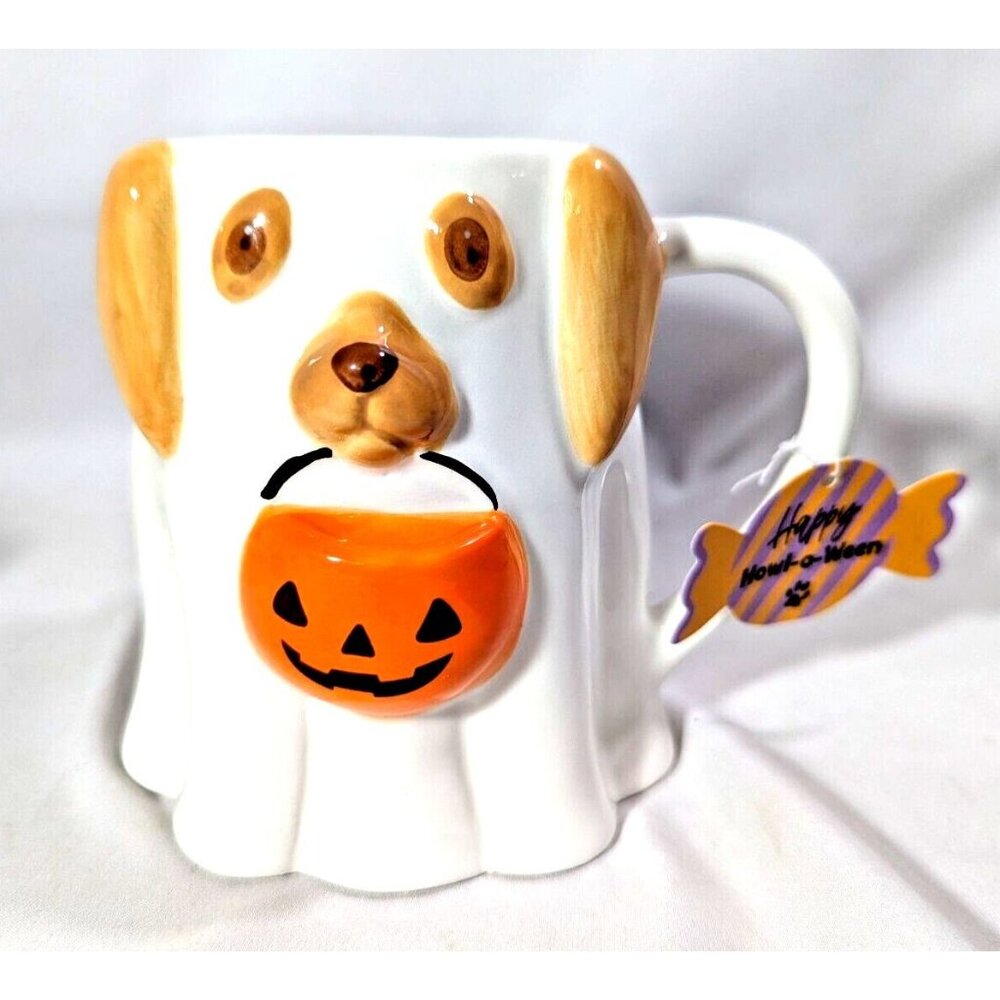 Halloween Ghost Dog Jack-o'-lantern Pumpkin Treat Bag White Beige Ceramic NEW